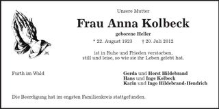 Traueranzeige Anna Kolbeck