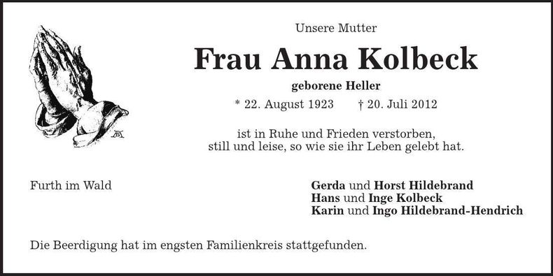 Traueranzeige Anna Kolbeck