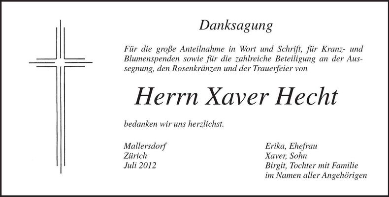 Traueranzeige Xaver Hecht