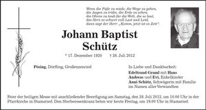 Traueranzeige Baptist Schütz