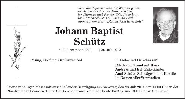Traueranzeige Baptist Schütz