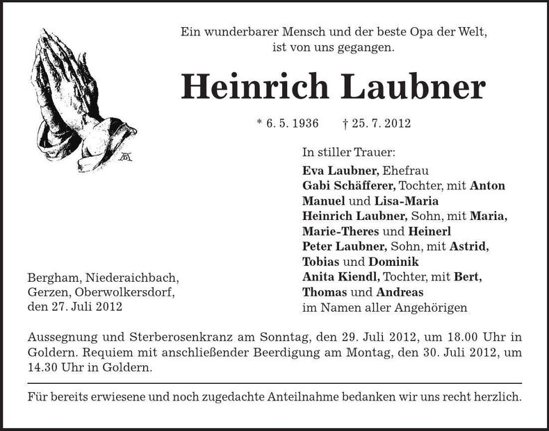 Traueranzeige Heinrich Laubner