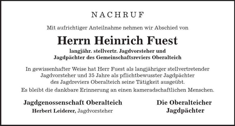 Traueranzeige Heinrich Fuest