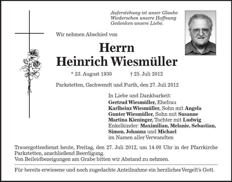 Traueranzeige Heinrich Wiesmüller