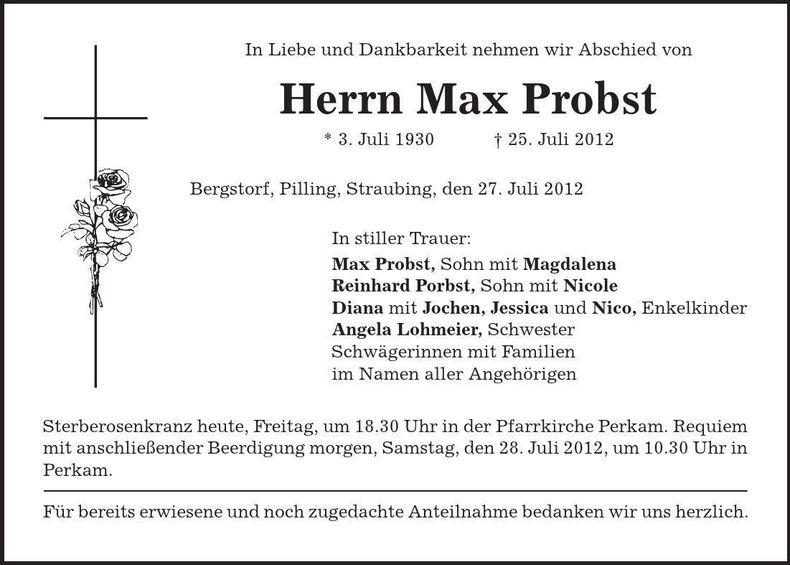 Traueranzeige Max Pobst