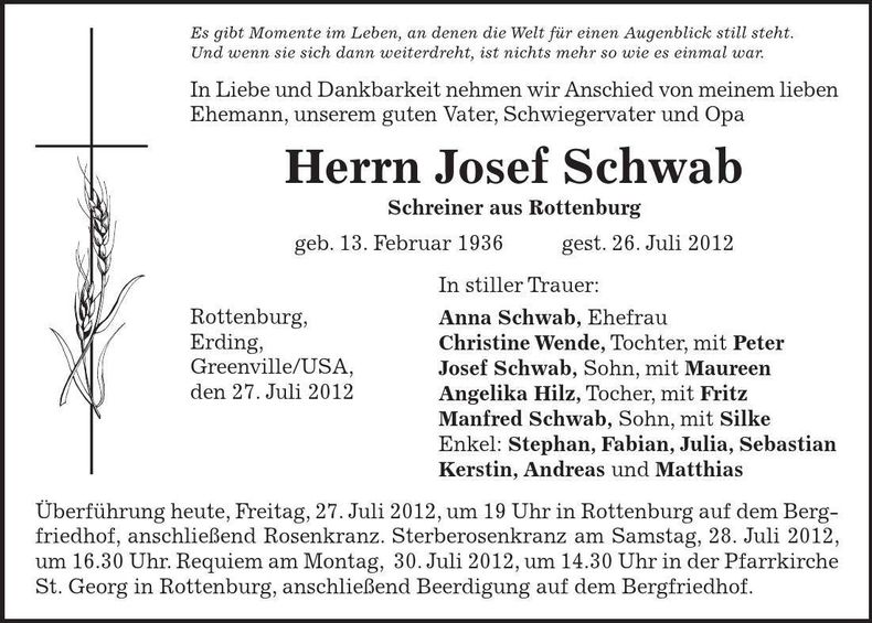 Traueranzeige Josef Schwab