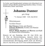Traueranzeige Johanna Danner