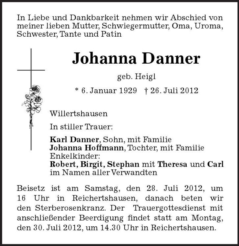 Traueranzeige Johanna Danner
