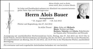 Traueranzeige Alois Bauer