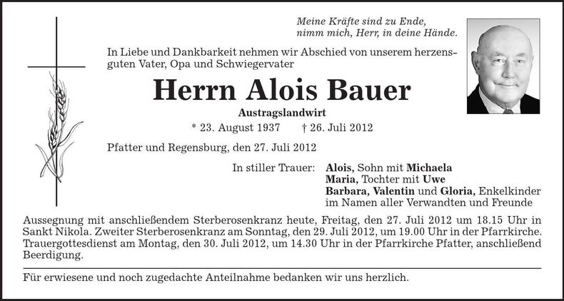 Traueranzeige Alois Bauer