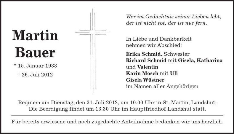 Traueranzeige Martin Bauer