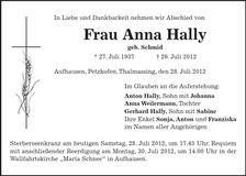 Traueranzeige Anna Hally