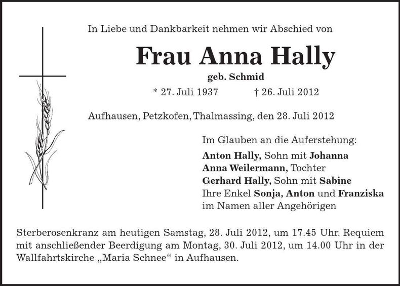 Traueranzeige Anna Hally