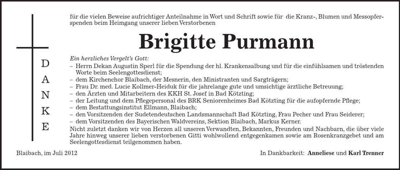 Traueranzeige Brigitte Purmann