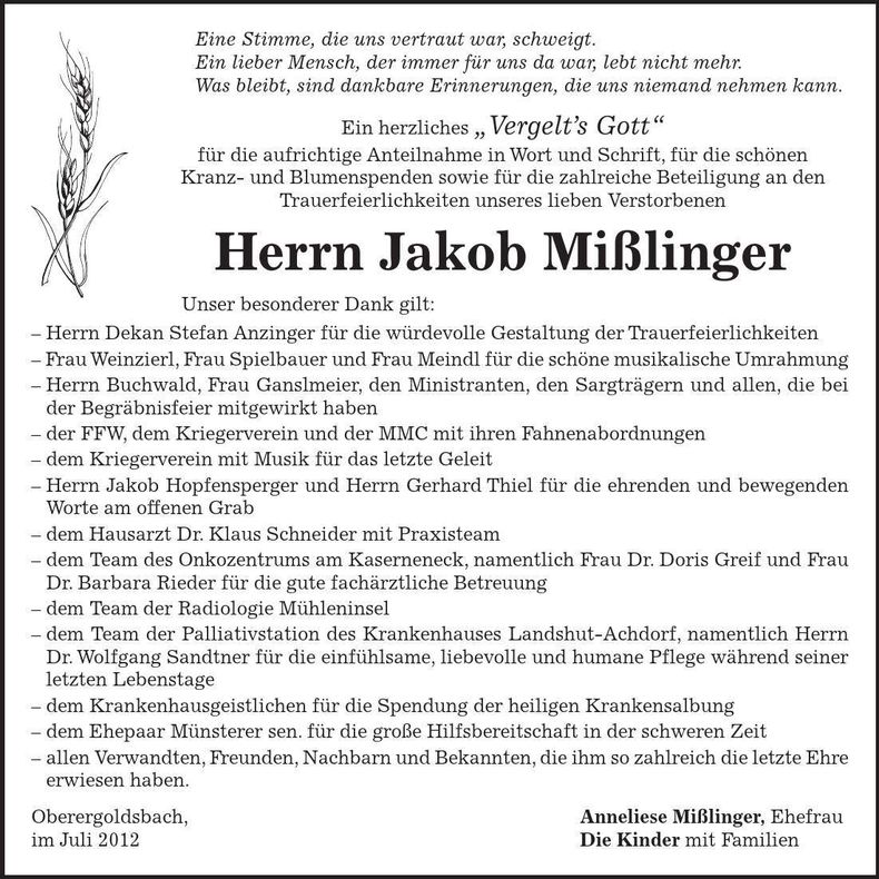Traueranzeige Jakob Mißlinger