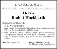 Traueranzeige Rudolf Hackbarth