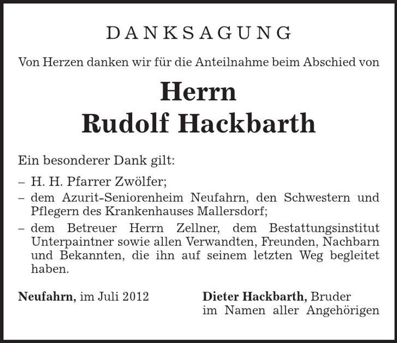 Traueranzeige Rudolf Hackbarth