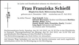 Traueranzeige Franziska Schießl