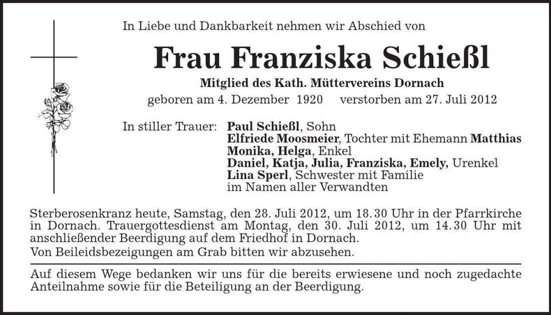 Traueranzeige Franziska Schießl