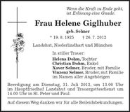 Traueranzeige Helene Giglhuber