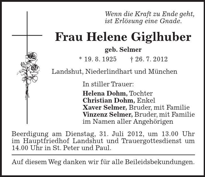 Traueranzeige Helene Giglhuber