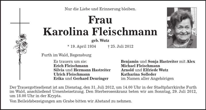 Traueranzeige Karolina Fleischmann