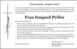 Traueranzeige Irmgard Priller