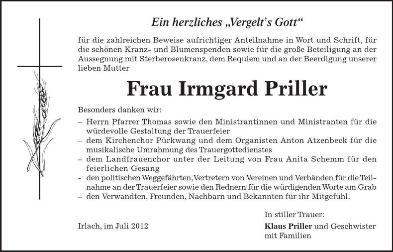 Traueranzeige Irmgard Priller
