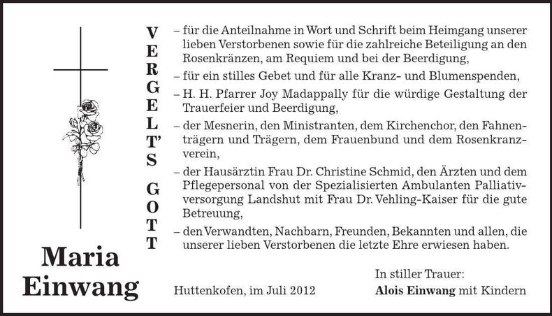 Traueranzeige Maria Einwang