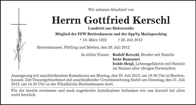 Traueranzeige Gottfried Kerschl