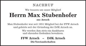 Traueranzeige Max Stubenhofer
