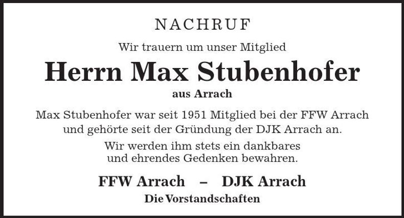 Traueranzeige Max Stubenhofer