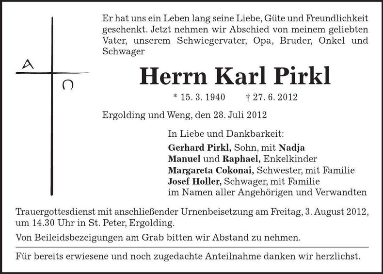 Traueranzeige Karl Pirkl