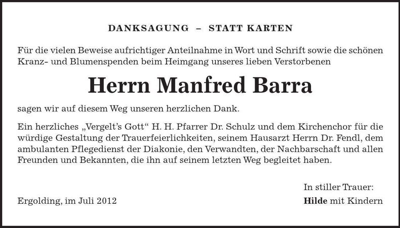 Traueranzeige Manfred Barra