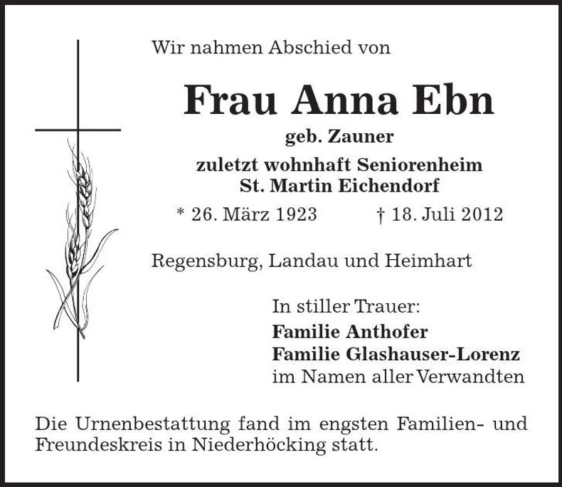Traueranzeige Anna Ebn