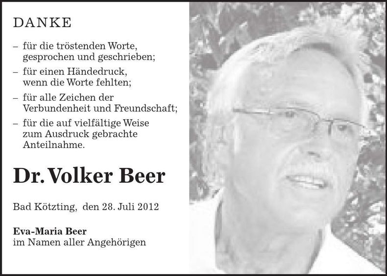 Traueranzeige Volker Dr. Beer