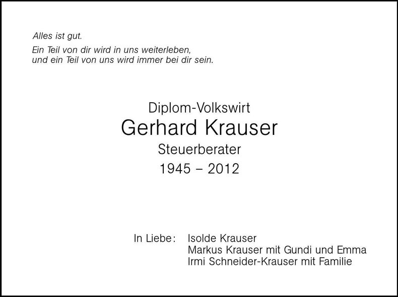 Traueranzeige Gerhard Krauser