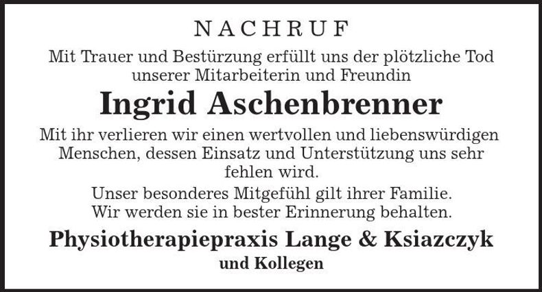 Traueranzeige Ingrid Aschenbrenner