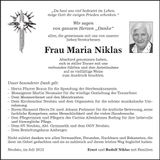 Traueranzeige Maria Niklas