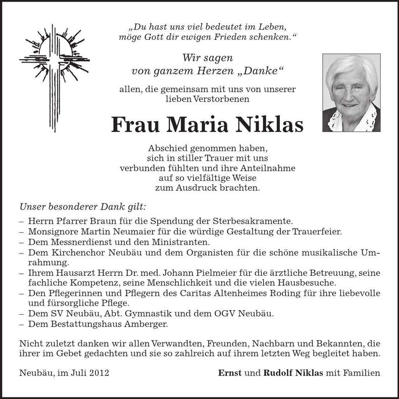 Traueranzeige Maria Niklas