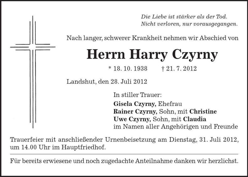 Traueranzeige Harry Czyrny