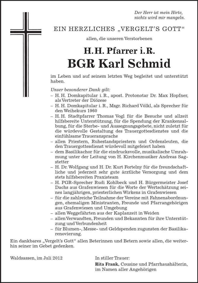 Traueranzeige Karl BGR Schmid