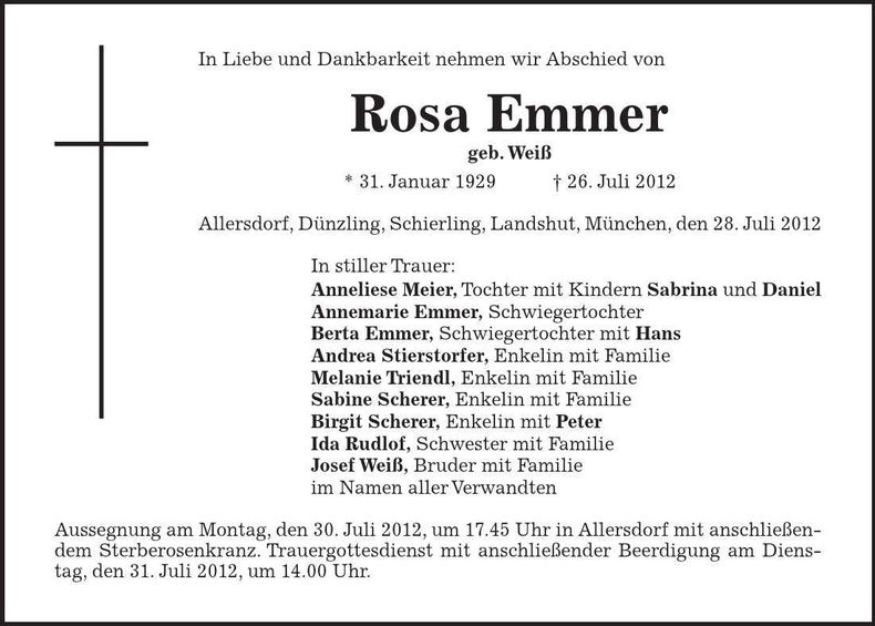 Traueranzeige Rosa Emmer