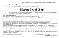 Traueranzeige Josef Zöttl