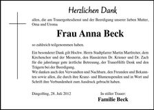 Traueranzeige Anna Beck