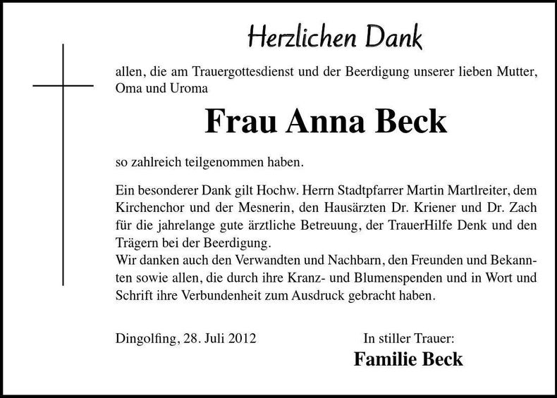 Traueranzeige Anna Beck