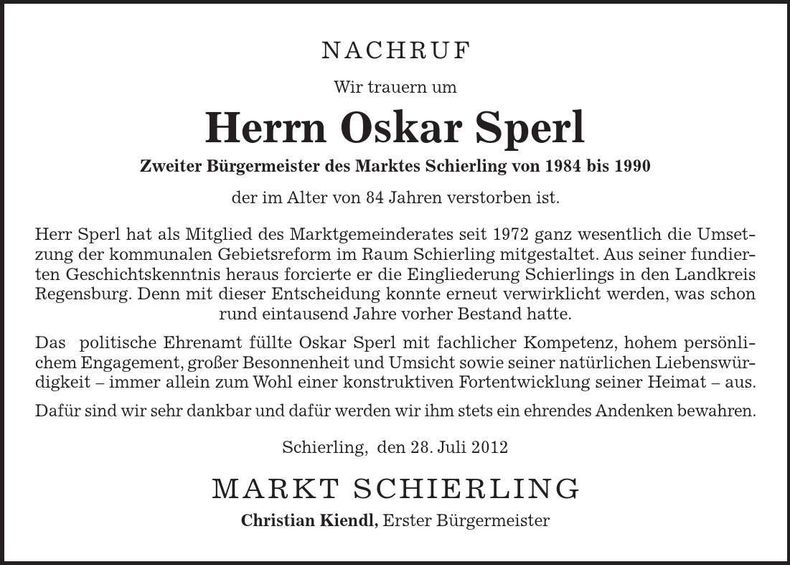 Traueranzeige Oskar Sperl