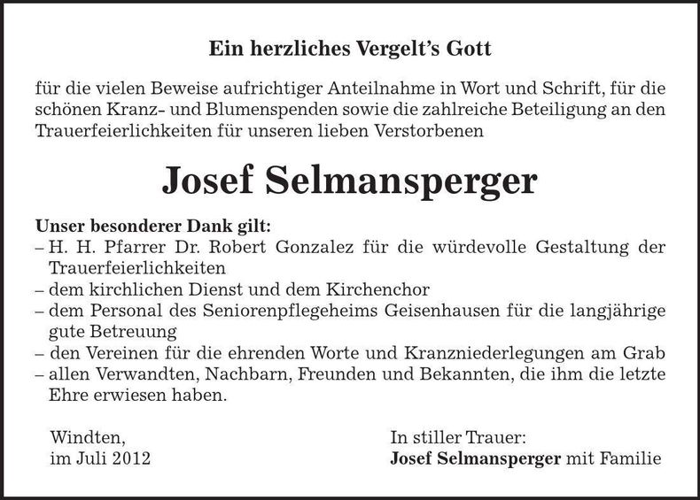 Traueranzeige Josef Selmansperger