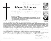 Traueranzeige Johann Schranner