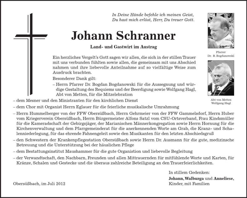Traueranzeige Johann Schranner
